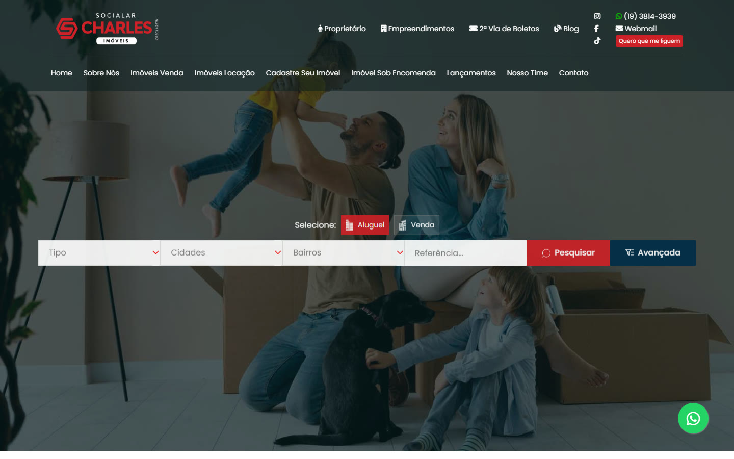 Página inicial do site da Socialar Charles Imóveis, com busca de imóveis para aluguel e venda