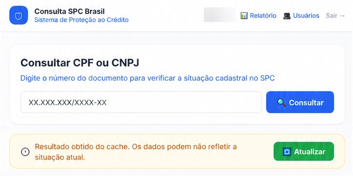 Tela de consulta de CPF ou CNPJ com o aviso de resultado reaproveitado e o botão Atualizar