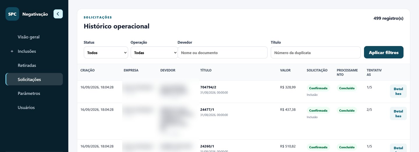 Histórico operacional do sistema, com 499 registros e uma lista que mostra data e hora de cada solicitação, o título, o valor, o tipo de operação e a situação do processamento