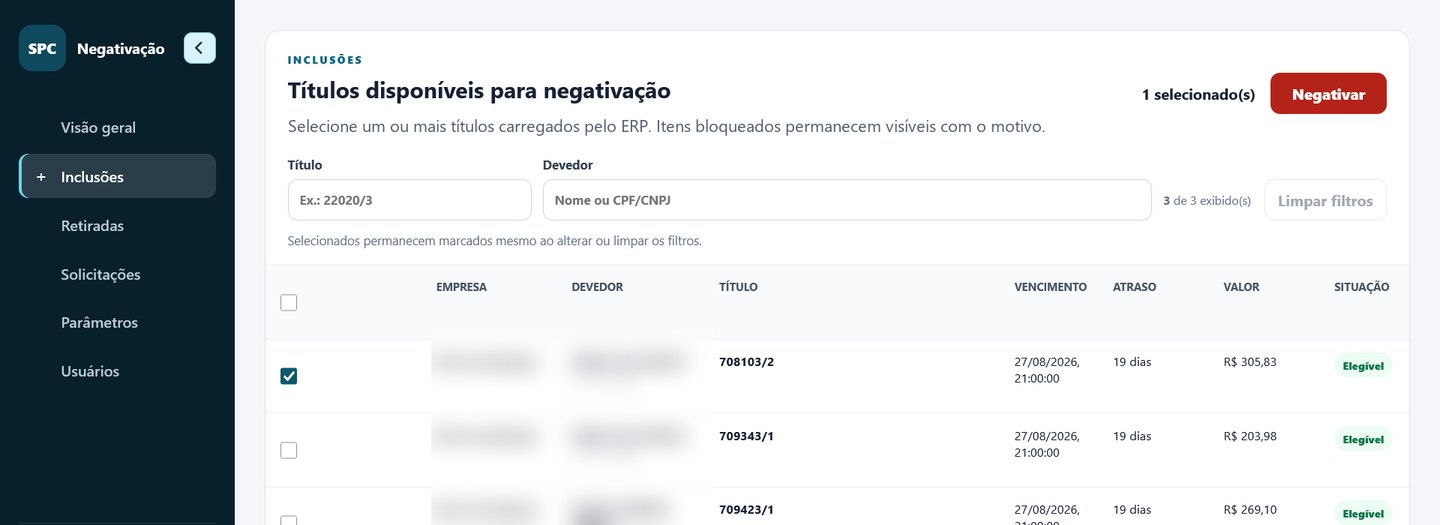 Tela de inclusões com a lista de títulos disponíveis para negativação, caixas de seleção por linha, filtros por título e devedor, colunas de vencimento, atraso, valor e situação, e o botão Negativar