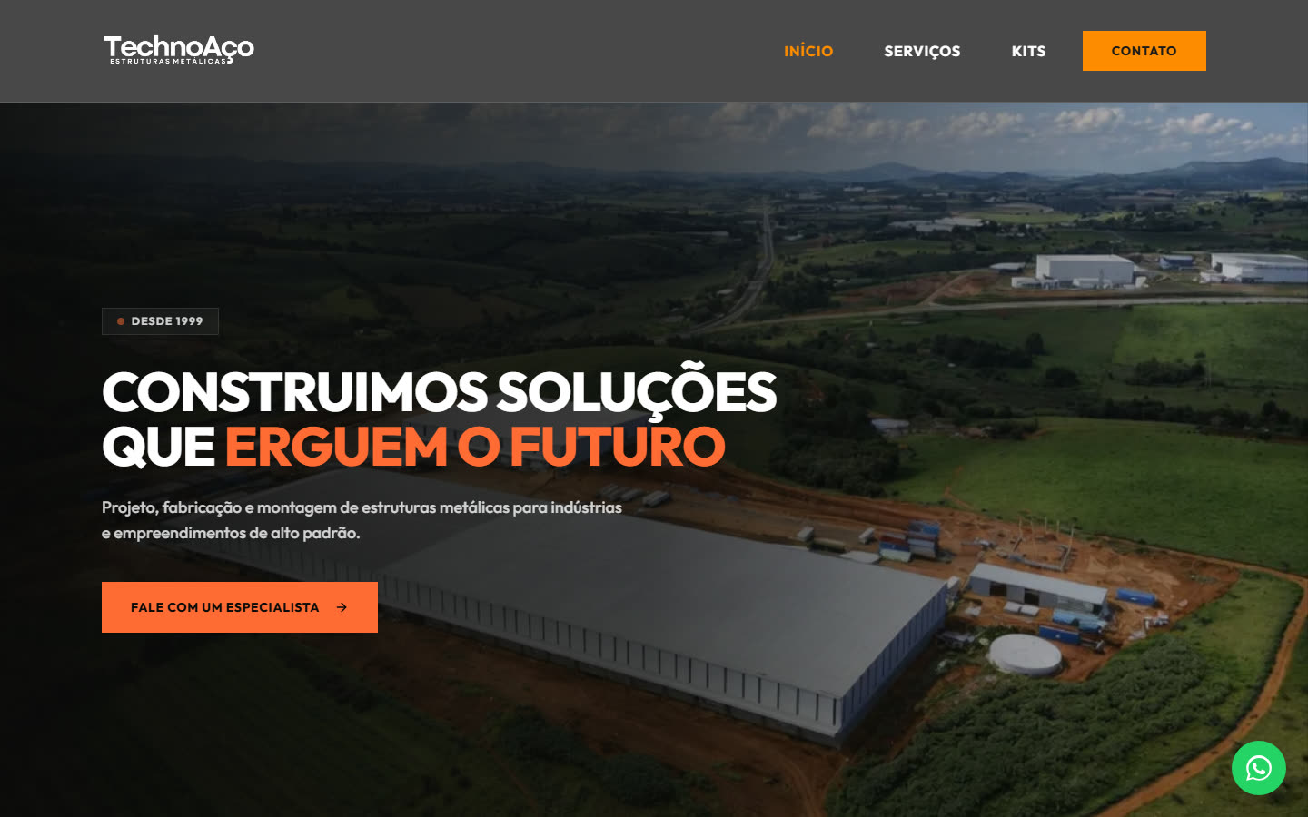 Site antigo da TechnoAço, com um título genérico sobre construir o futuro e um botão Fale com um especialista