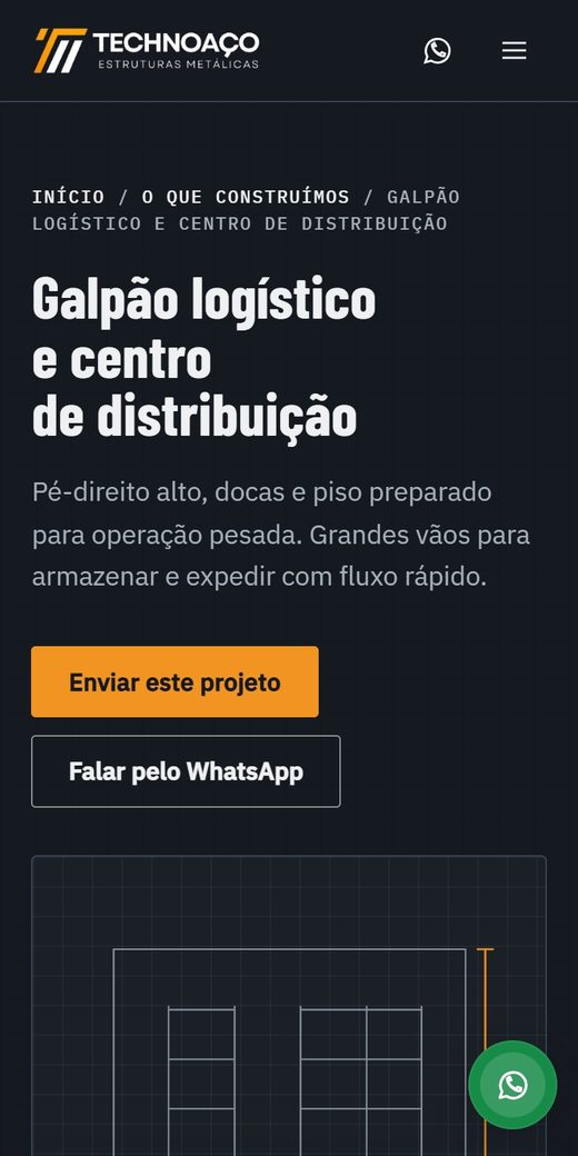 Página de galpão logístico e centro de distribuição da TechnoAço aberta no celular, com botão Enviar projeto fixo no rodapé