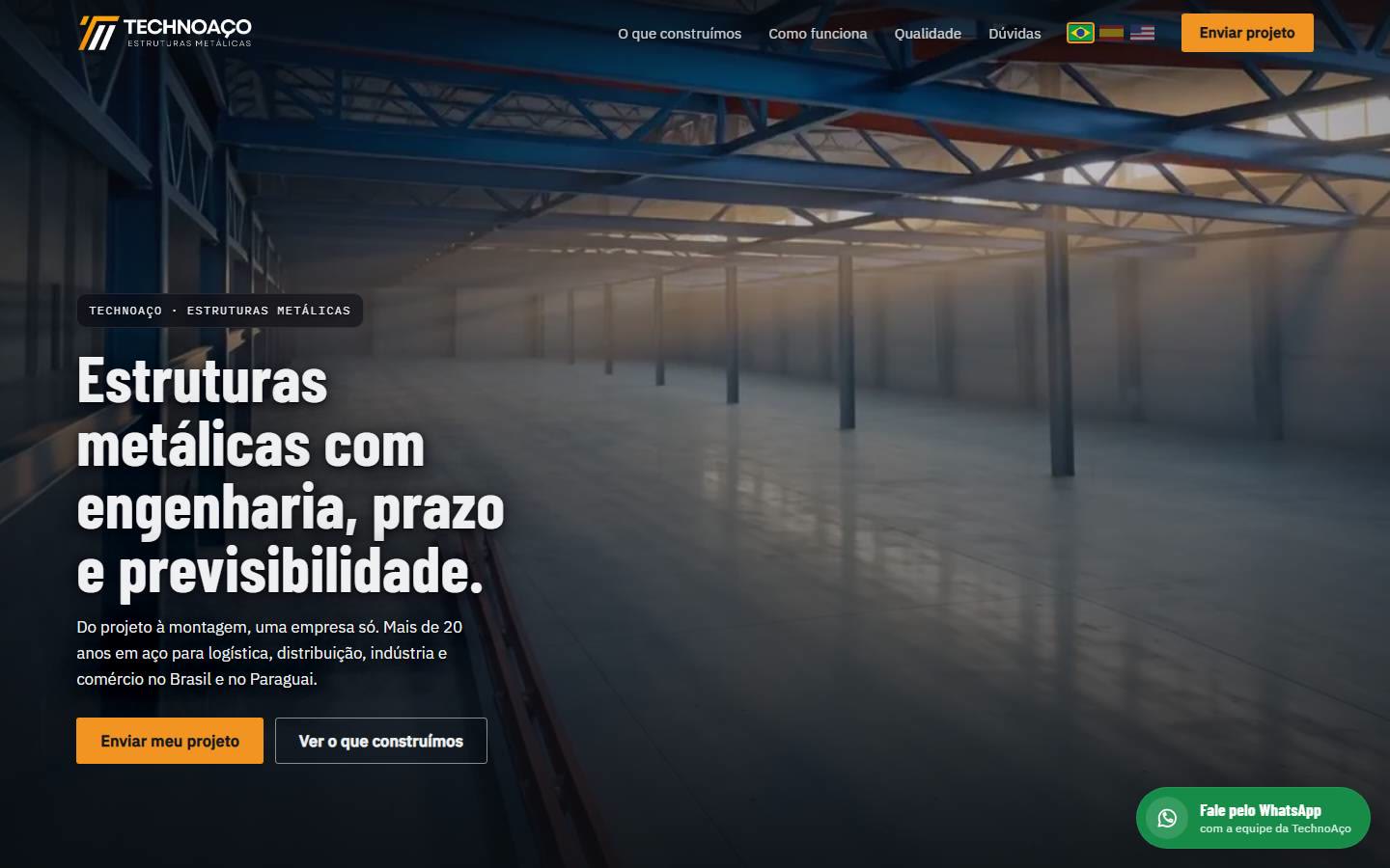 Página inicial do site novo da TechnoAço, com estrutura metálica iluminada e o título Estruturas metálicas com engenharia, prazo e previsibilidade