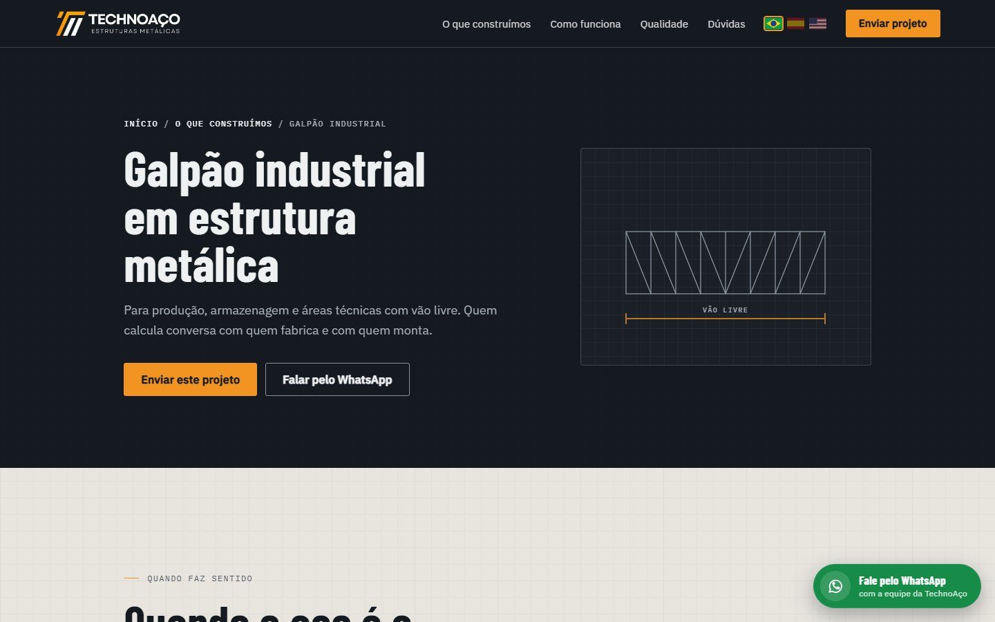 Página Galpão industrial em estrutura metálica, em português, com desenho técnico do vão livre