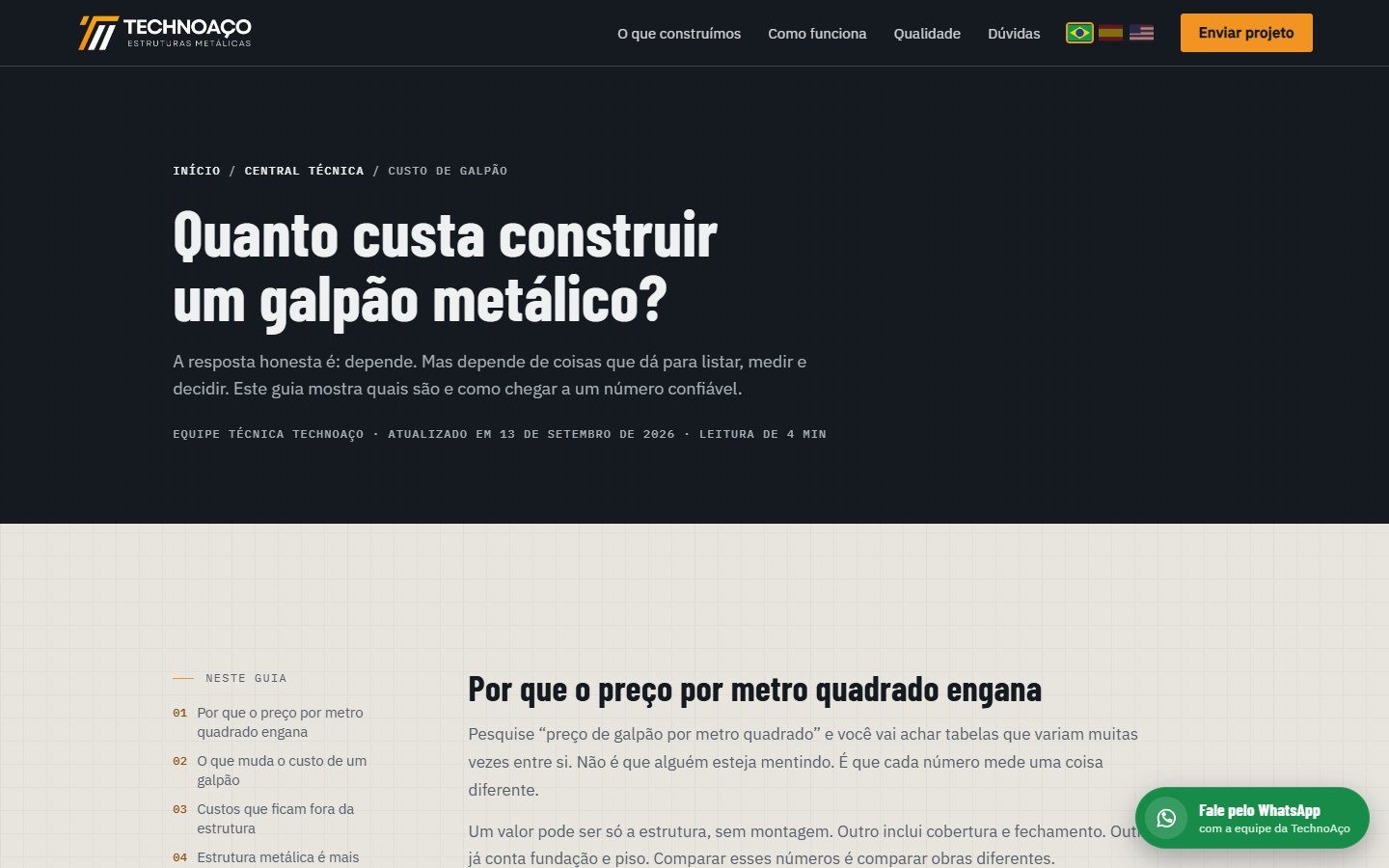Guia Quanto custa construir um galpão metálico, da central técnica da TechnoAço, com índice lateral, autor e data de atualização